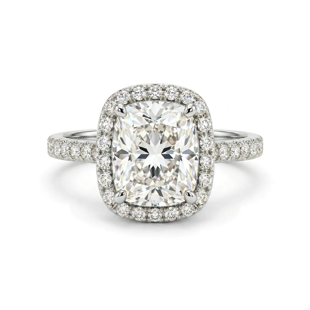 Cushion Halo Ring with Pavé Band — cushion lab grown diamond ring in solid hallmarked gold