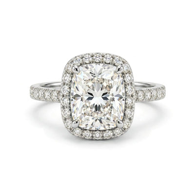 Cushion Halo Ring with Pavé Band — cushion lab grown diamond ring in solid hallmarked gold