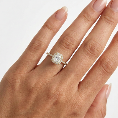 Cushion Halo Ring with Pavé Band — lab grown diamond ring handcrafted by Vimora Diamonds