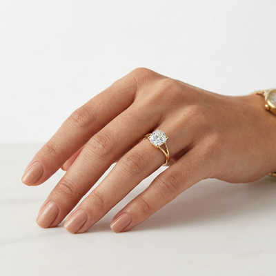 Cushion Split-Shank Cathedral Solitaire Ring — lab grown diamond ring handcrafted by Vimora Diamonds