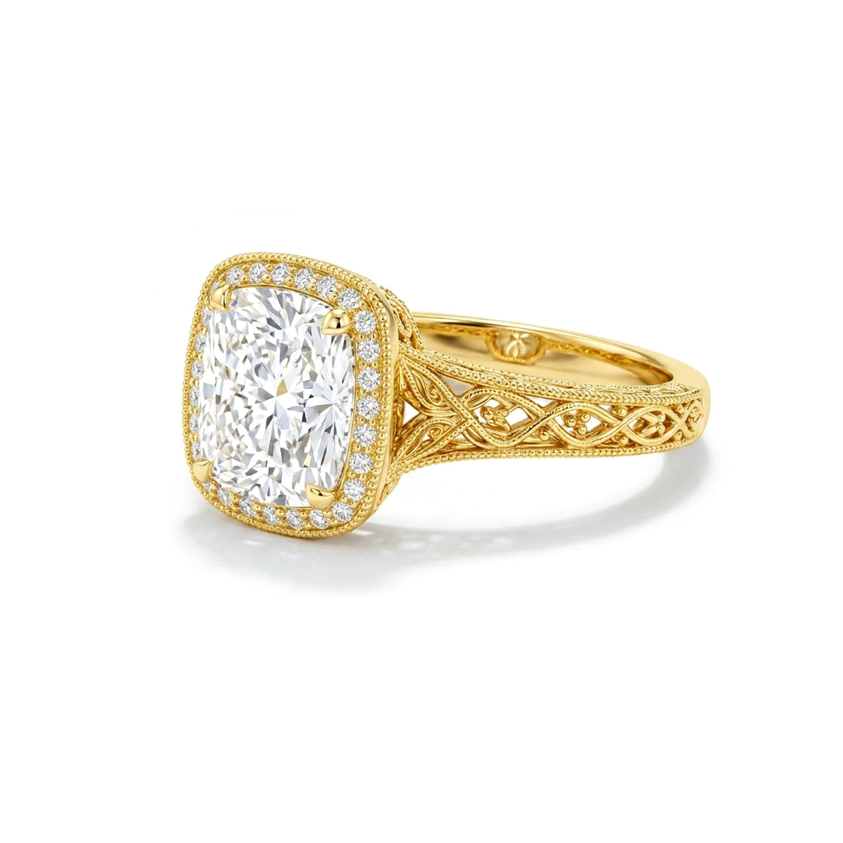 Vintage Cushion Halo Ring in IGI certified lab grown diamond and BIS hallmarked gold