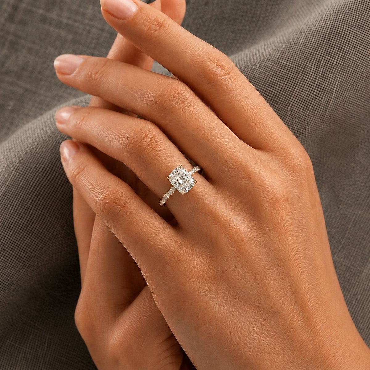 Cushion Hidden Halo Pavé Ring — cushion lab grown diamond ring in solid hallmarked gold
