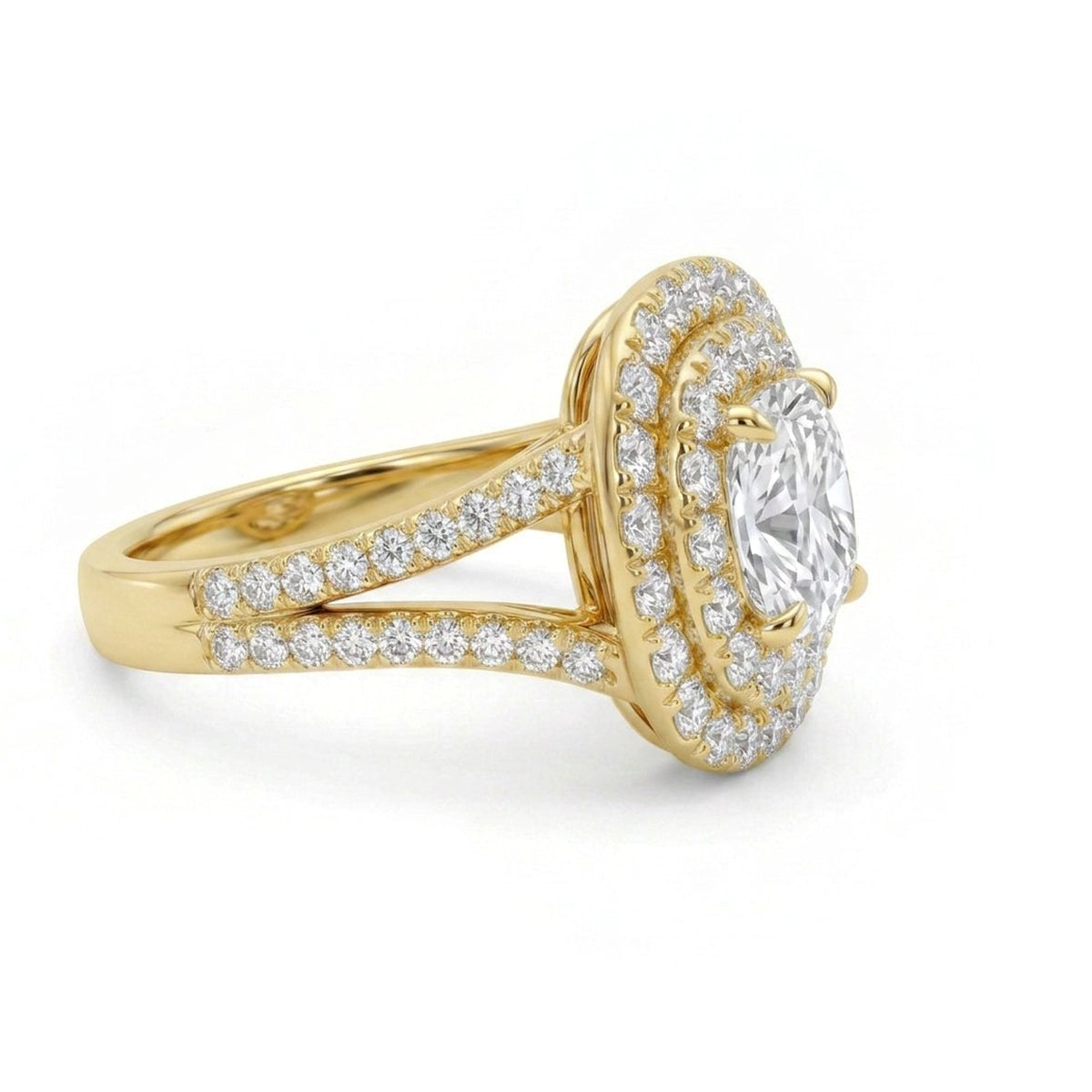 Cushion Double Halo Split-Shank Ring — cushion lab grown diamond ring in 9K, 14K or 18K gold