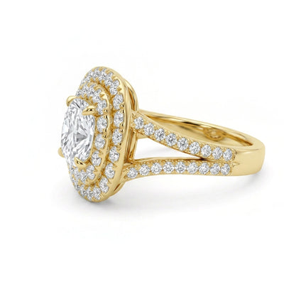 Cushion Double Halo Split-Shank Ring in IGI certified lab grown diamond and BIS hallmarked gold