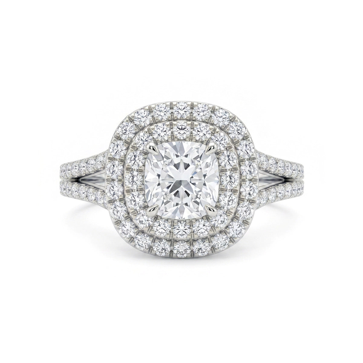 Cushion Double Halo Split-Shank Ring — cushion lab grown diamond ring in solid hallmarked gold