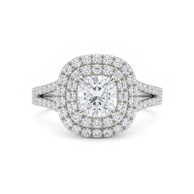 Cushion Double Halo Split-Shank Ring — cushion lab grown diamond ring in solid hallmarked gold