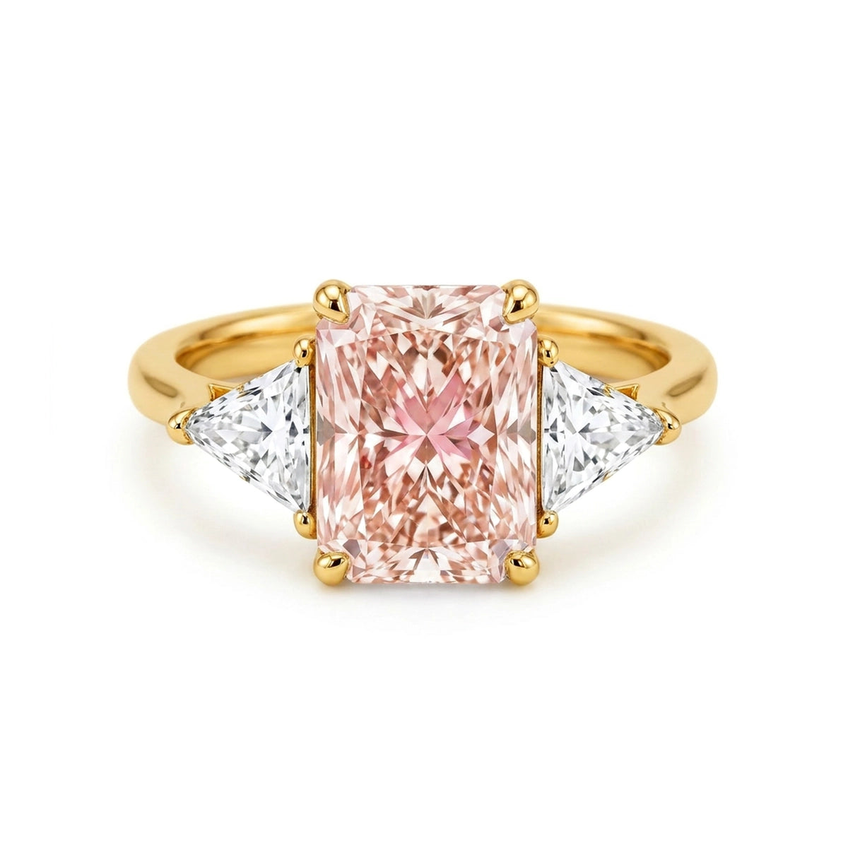 Radiant Fancy Vivid Pink Three-Stone Ring with Trilliant Sides — radiant and trilliant lab grown diamond ring
