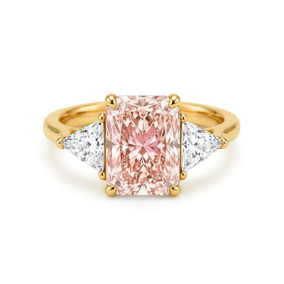 Radiant Fancy Vivid Pink Three-Stone Ring with Trilliant Sides — radiant and trilliant lab grown diamond ring