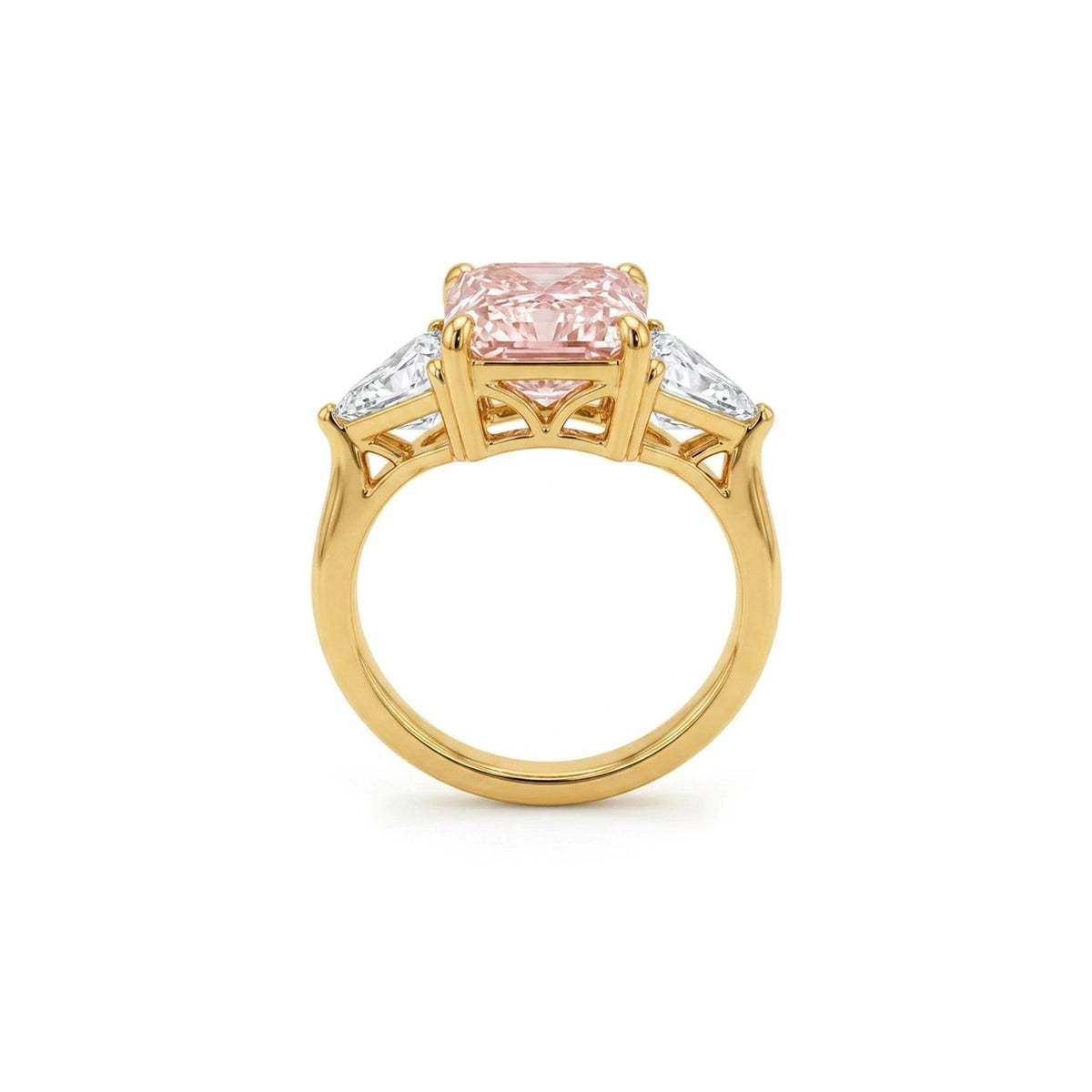 Radiant Fancy Vivid Pink Three-Stone Ring with Trilliant Sides — lab grown diamond ring