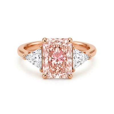 Radiant Fancy Vivid Pink Three-Stone Ring with Trilliant Sides — certified lab grown diamond ring from Vimora Diamonds