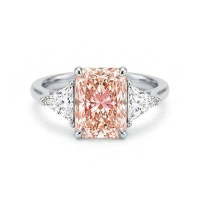 Radiant Fancy Vivid Pink Three-Stone Ring with Trilliant Sides — lab grown diamond ring in solid hallmarked gold