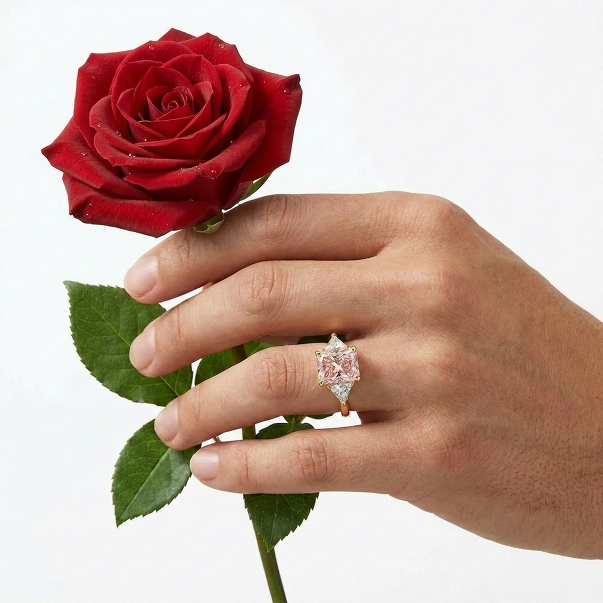 Radiant Fancy Vivid Pink Three-Stone Ring with Trilliant Sides — lab grown diamond ring handcrafted by Vimora Diamonds