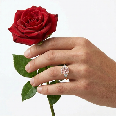 Radiant Fancy Vivid Pink Three-Stone Ring with Trilliant Sides — lab grown diamond ring handcrafted by Vimora Diamonds