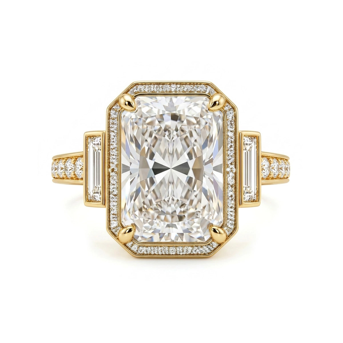 Radiant Art Deco Halo Ring with Baguette Sides — baguette and radiant lab grown diamond ring by Vimora Diamonds