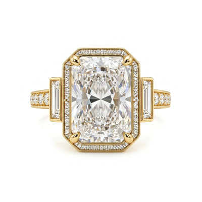 Radiant Art Deco Halo Ring with Baguette Sides — baguette and radiant lab grown diamond ring by Vimora Diamonds
