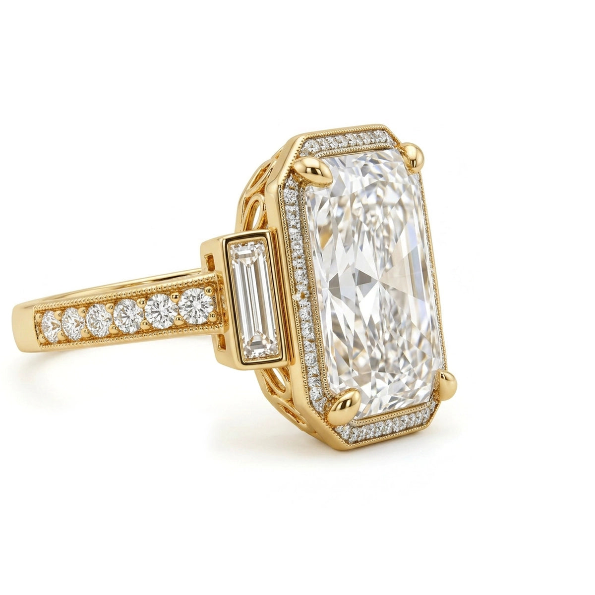 Radiant Art Deco Halo Ring with Baguette Sides in IGI certified lab grown diamond and BIS hallmarked gold