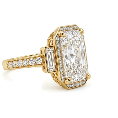 Radiant Art Deco Halo Ring with Baguette Sides in IGI certified lab grown diamond and BIS hallmarked gold