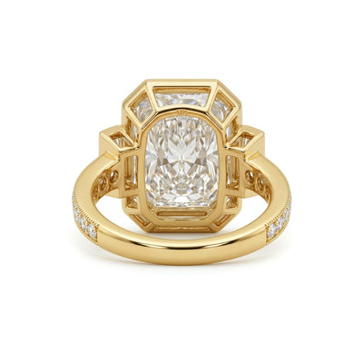 Radiant Art Deco Halo Ring with Baguette Sides — baguette and radiant lab grown diamond ring in 9K, 14K or 18K gold