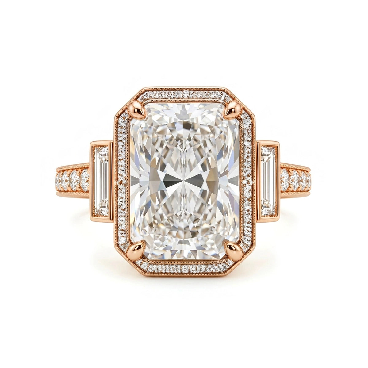 Radiant Art Deco Halo Ring with Baguette Sides — certified lab grown diamond ring from Vimora Diamonds