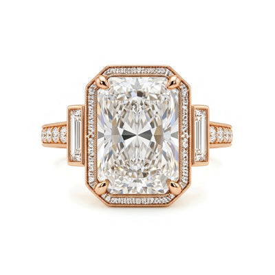 Radiant Art Deco Halo Ring with Baguette Sides — certified lab grown diamond ring from Vimora Diamonds