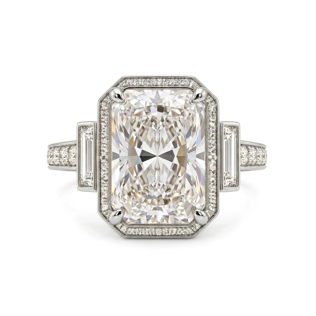 Radiant Art Deco Halo Ring with Baguette Sides — baguette and radiant lab grown diamond ring in solid hallmarked gold