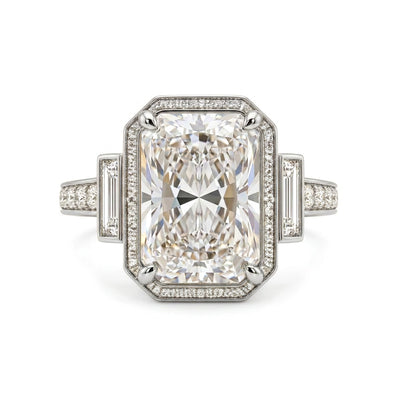 Radiant Art Deco Halo Ring with Baguette Sides — baguette and radiant lab grown diamond ring in solid hallmarked gold