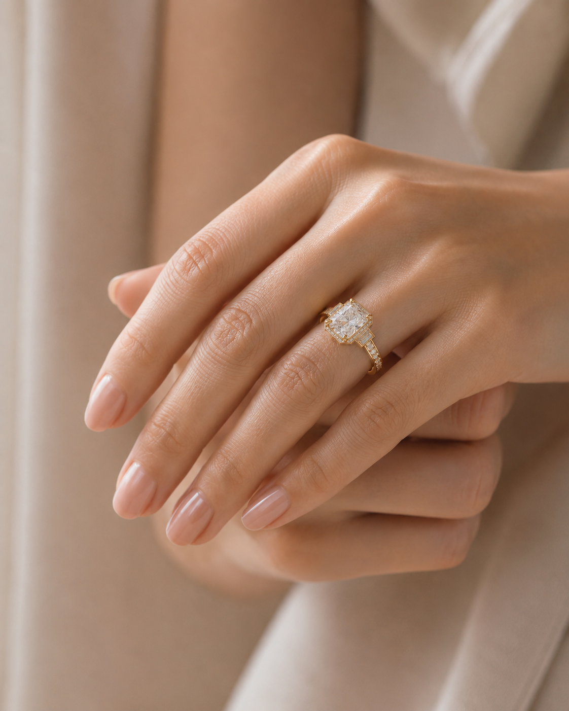 Radiant Art Deco Halo Ring with Baguette Sides — lab grown diamond ring handcrafted by Vimora Diamonds