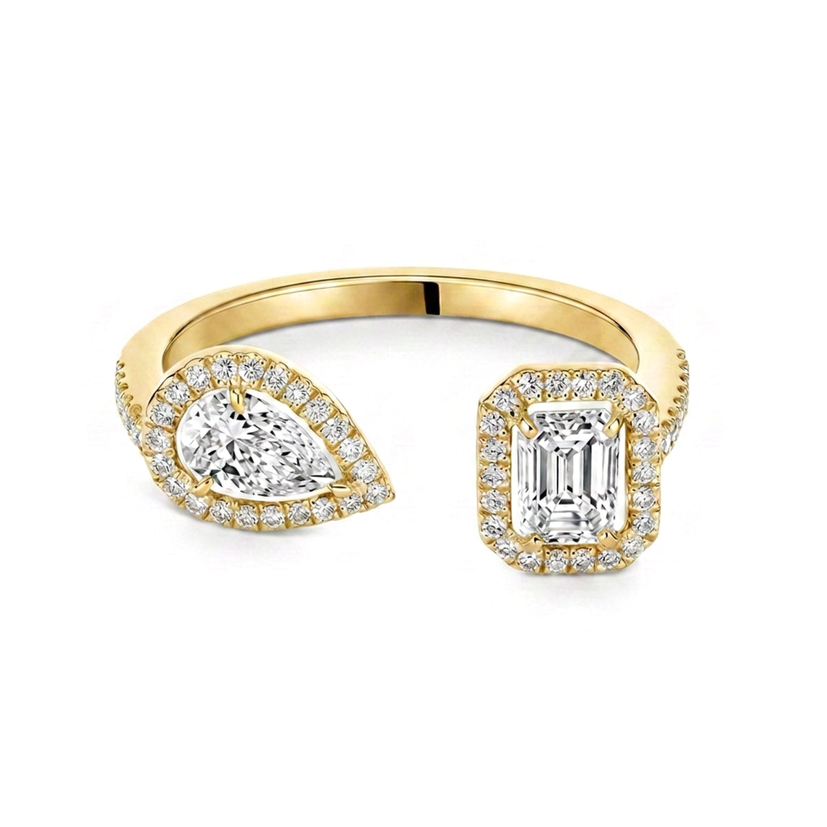 Pear & Emerald Halo Toi et Moi Ring — emerald and pear lab grown diamond ring by Vimora Diamonds