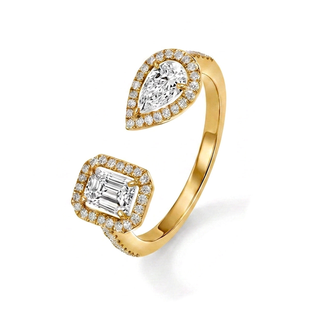 Pear & Emerald Halo Toi et Moi Ring in IGI certified lab grown diamond and BIS hallmarked gold