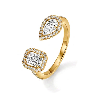 Pear & Emerald Halo Toi et Moi Ring in IGI certified lab grown diamond and BIS hallmarked gold