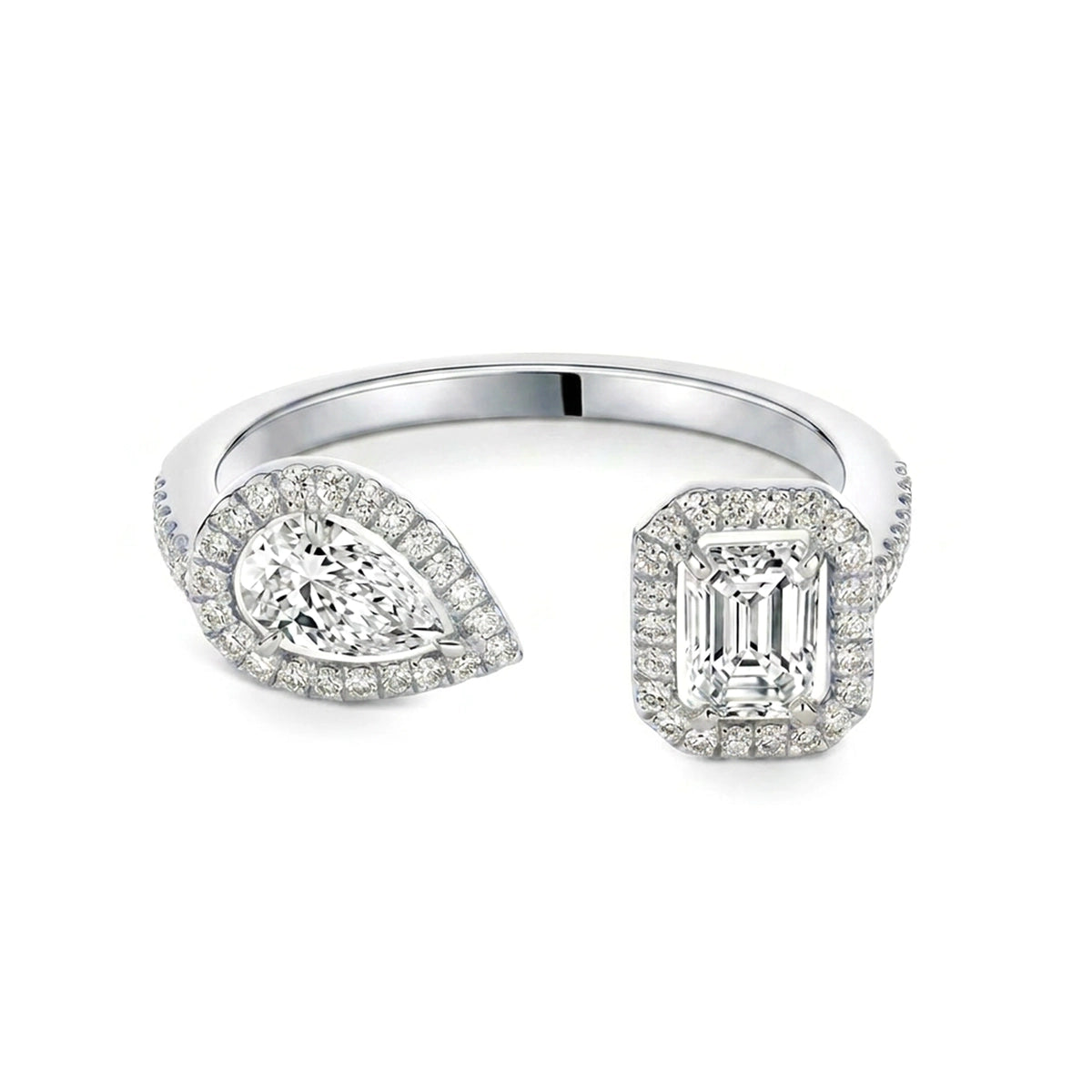 Pear & Emerald Halo Toi et Moi Ring — emerald and pear lab grown diamond ring in solid hallmarked gold