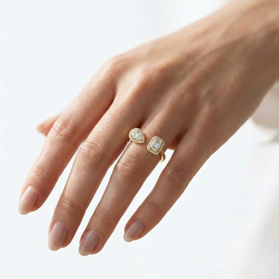 Pear & Emerald Halo Toi et Moi Ring — lab grown diamond ring handcrafted by Vimora Diamonds