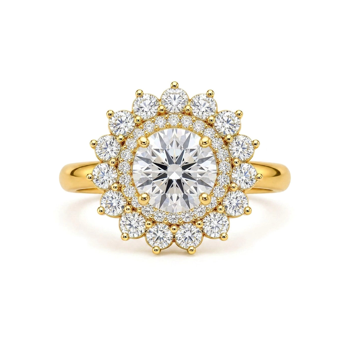 Floral Sunburst Double Halo Round Solitaire Ring — round lab grown diamond ring by Vimora Diamonds