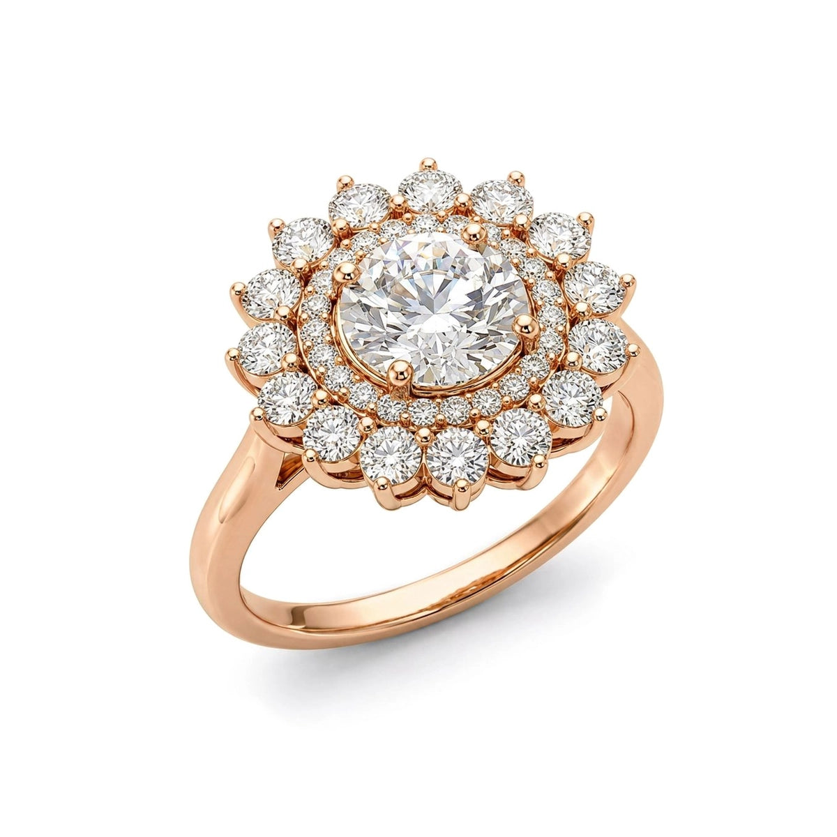 Floral Sunburst Double Halo Round Solitaire Ring — round lab grown diamond ring in 9K, 14K or 18K gold