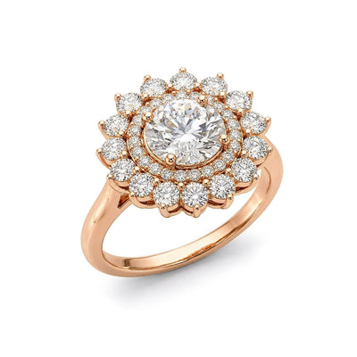 Floral Sunburst Double Halo Round Solitaire Ring — round lab grown diamond ring in 9K, 14K or 18K gold