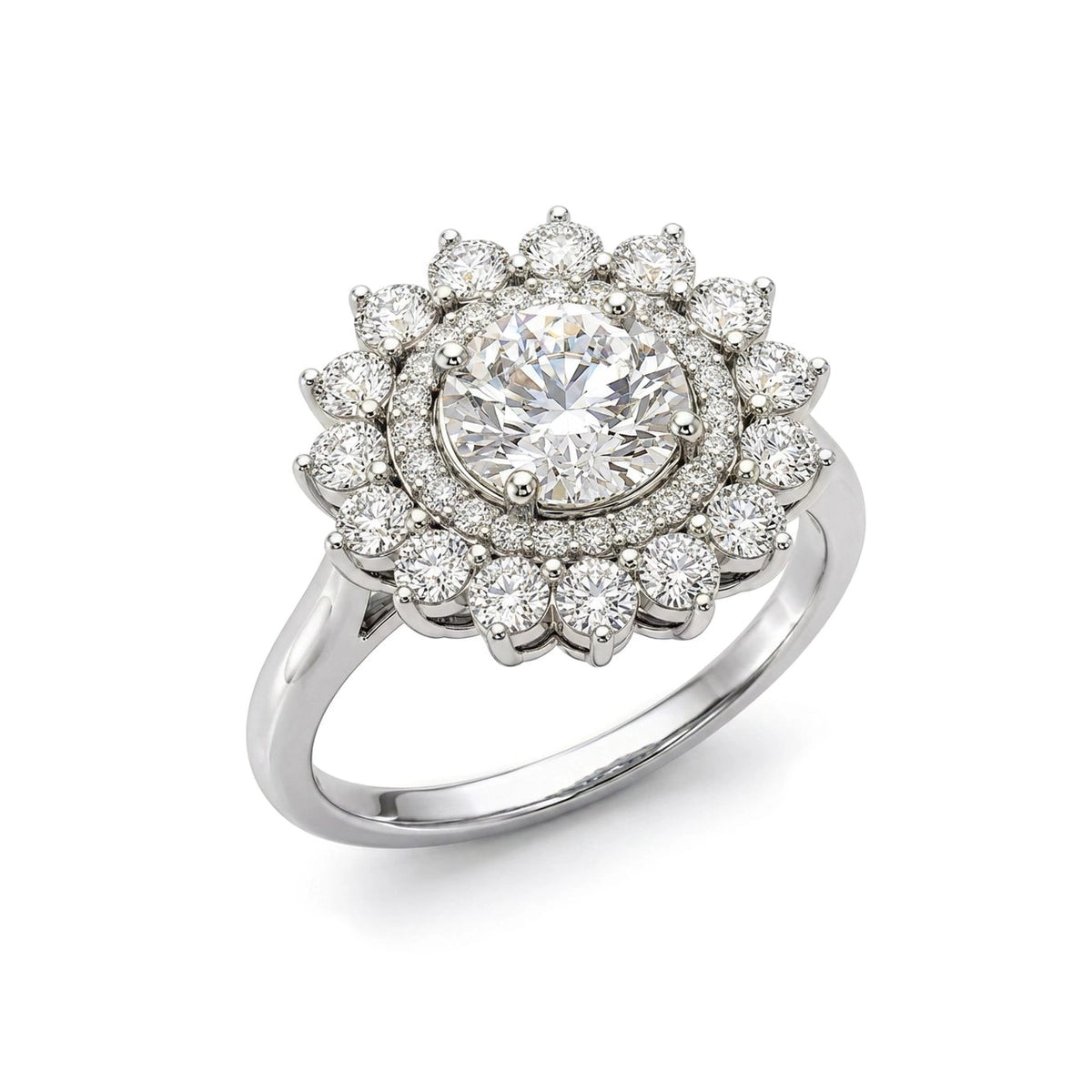 Floral Sunburst Double Halo Round Solitaire Ring — certified lab grown diamond ring from Vimora Diamonds
