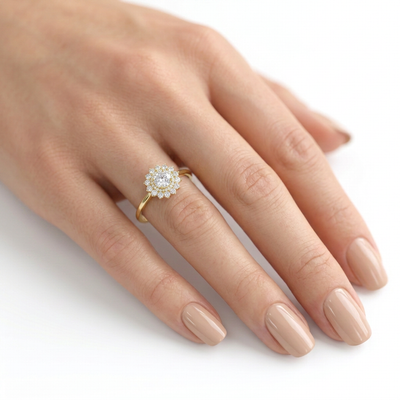 Floral Sunburst Double Halo Round Solitaire Ring — round lab grown diamond ring in solid hallmarked gold