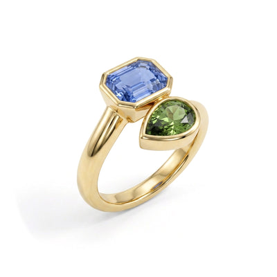 Emerald & Pear Toi et Moi Ring — emerald and pear lab grown diamond ring in 9K, 14K or 18K gold