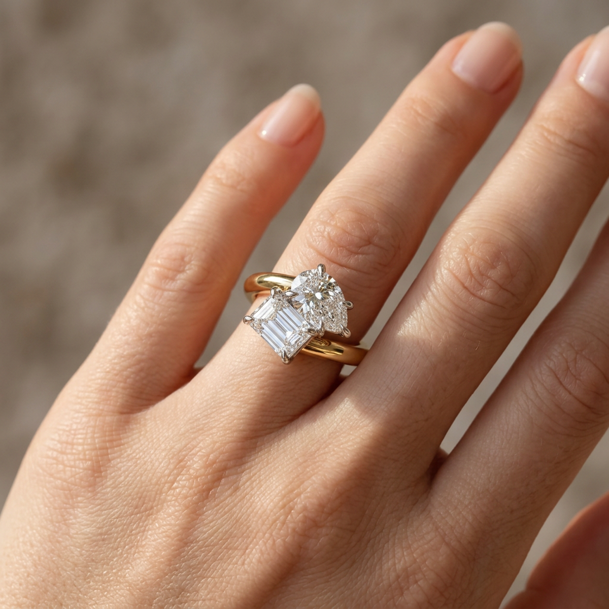 Pear & Emerald Crossover Toi et Moi Ring — lab grown diamond ring handcrafted by Vimora Diamonds