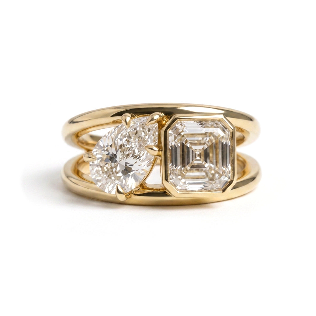 Asscher & Pear Split Shank Toi et Moi Ring — asscher and pear lab grown diamond ring by Vimora Diamonds