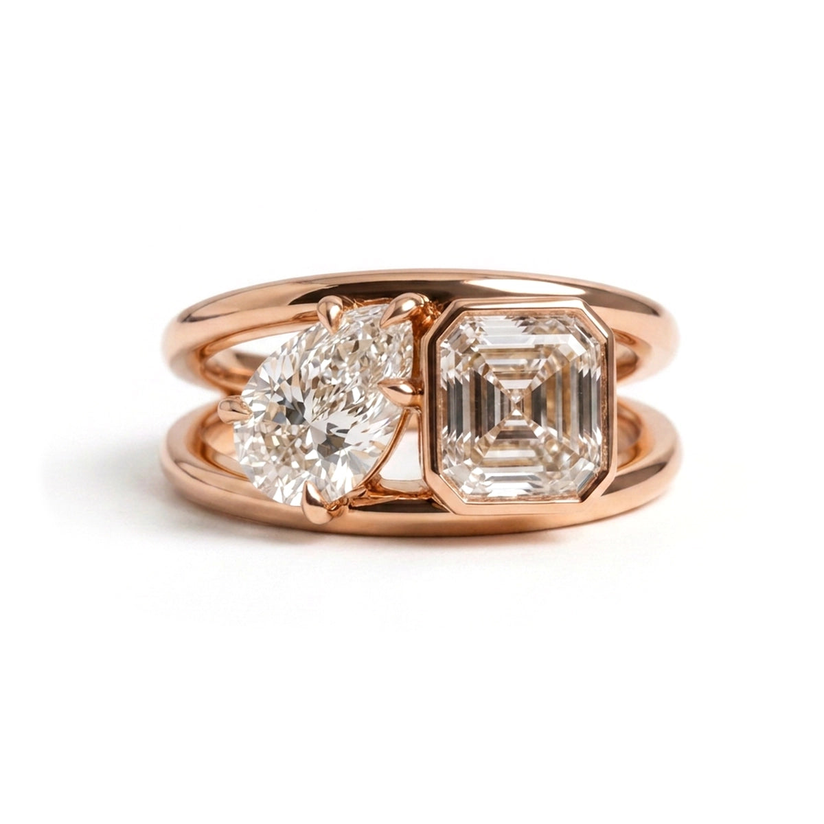 Asscher & Pear Split Shank Toi et Moi Ring — certified lab grown diamond ring from Vimora Diamonds