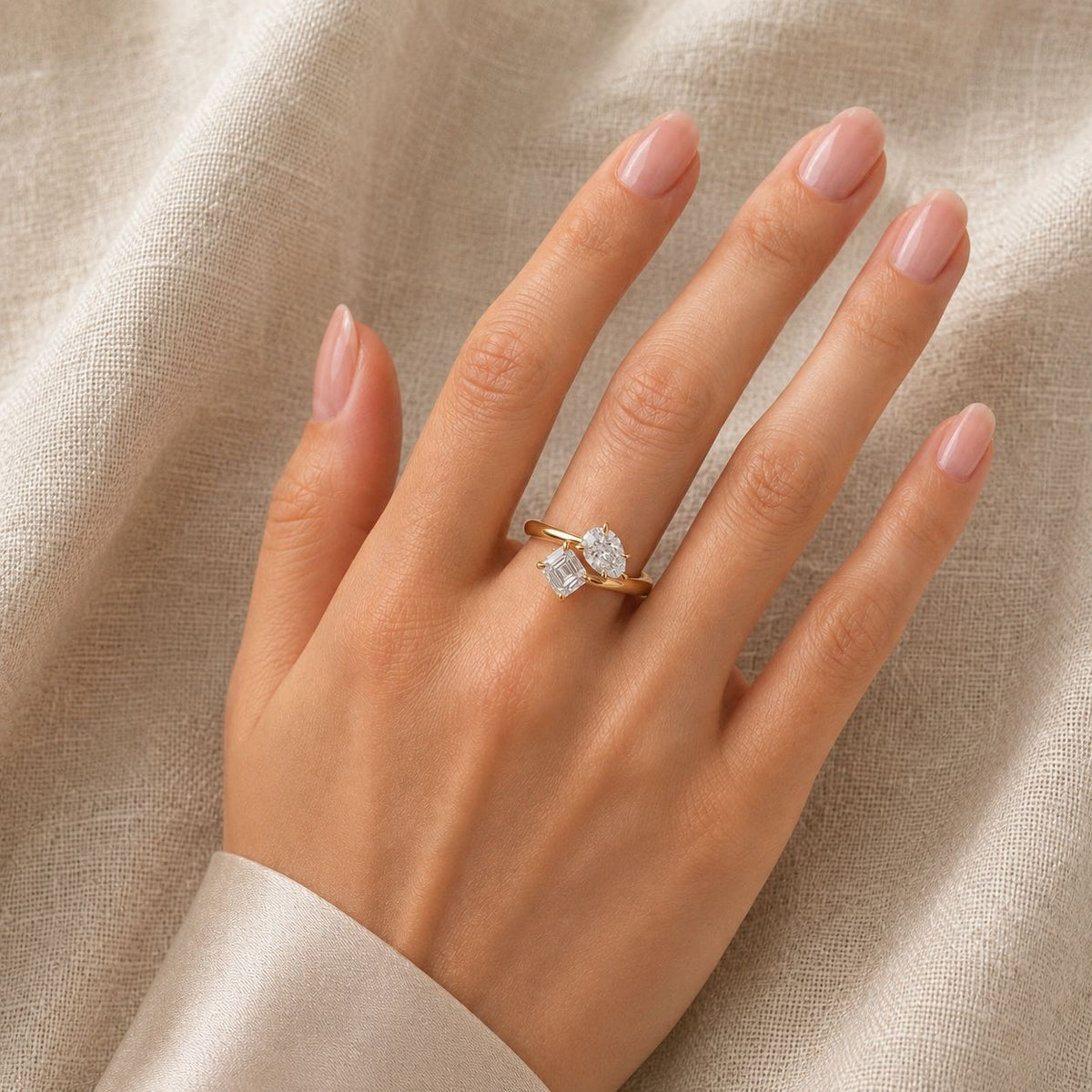 Pear & Asscher Toi et Moi Ring, Claw Set — asscher and pear lab grown diamond ring in solid hallmarked gold