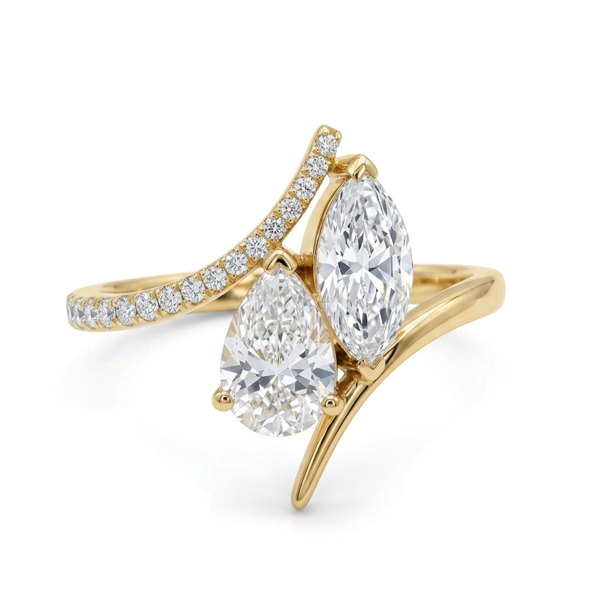 Marquise & Pear Pavé Bypass Toi et Moi Ring — marquise and pear lab grown diamond ring by Vimora Diamonds