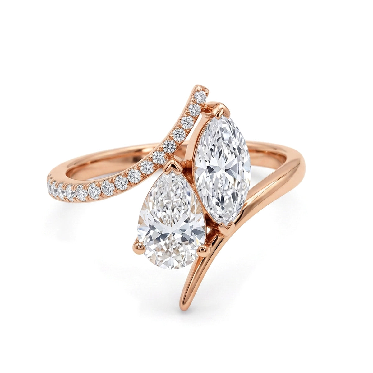 Marquise & Pear Pavé Bypass Toi et Moi Ring — marquise and pear lab grown diamond ring in 9K, 14K or 18K gold