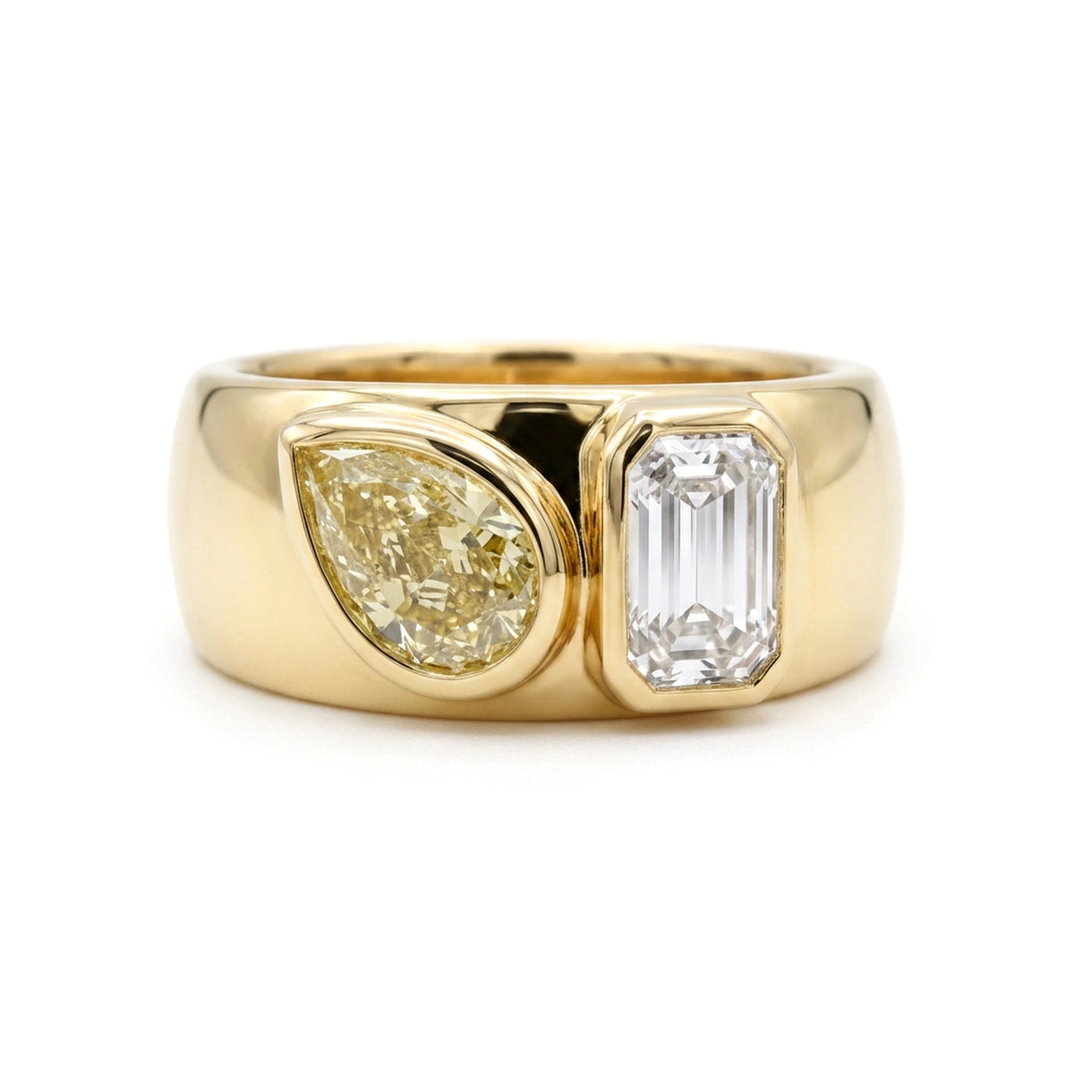 Fancy Yellow Pear & Emerald Toi et Moi Ring — emerald and pear lab grown diamond ring by Vimora Diamonds