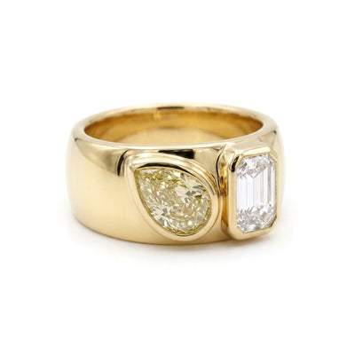 Fancy Yellow Pear & Emerald Toi et Moi Ring in IGI certified lab grown diamond and BIS hallmarked gold
