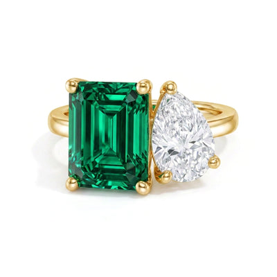 Fancy Vivid Green Emerald & Pear Toi et Moi Ring — emerald and pear lab grown diamond ring by Vimora Diamonds