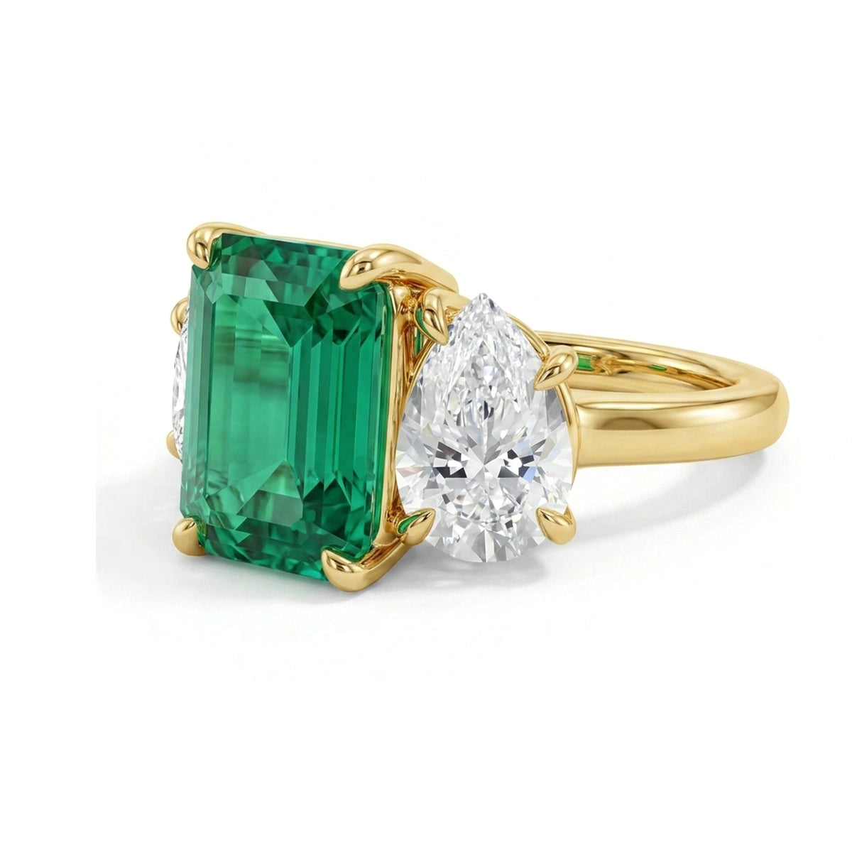 Fancy Vivid Green Emerald & Pear Toi et Moi Ring in IGI certified lab grown diamond and BIS hallmarked gold