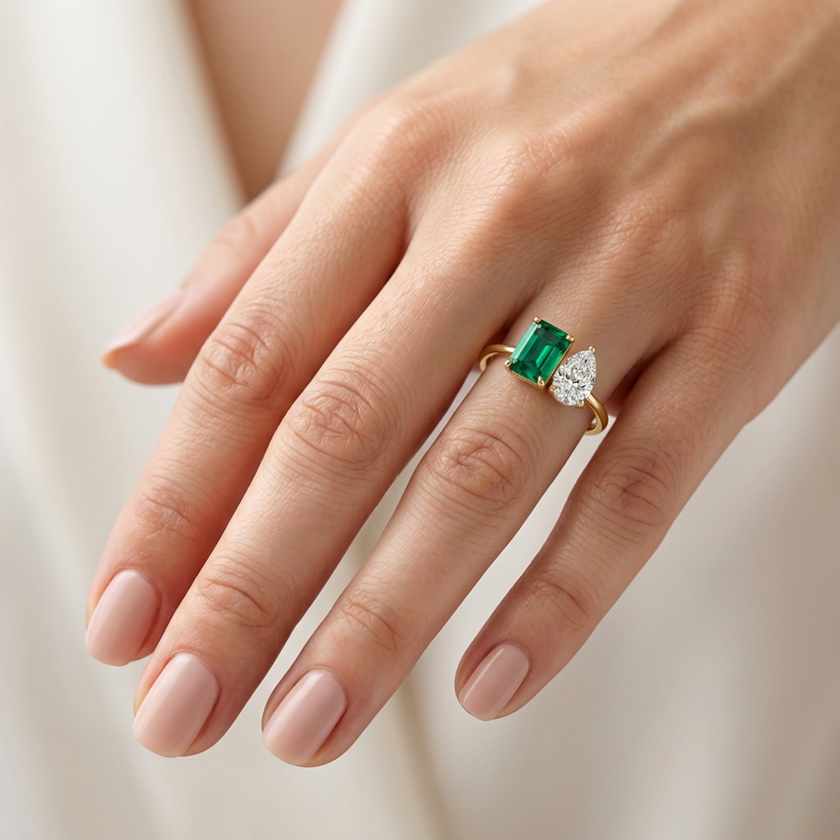Fancy Vivid Green Emerald & Pear Toi et Moi Ring — lab grown diamond ring handcrafted by Vimora Diamonds
